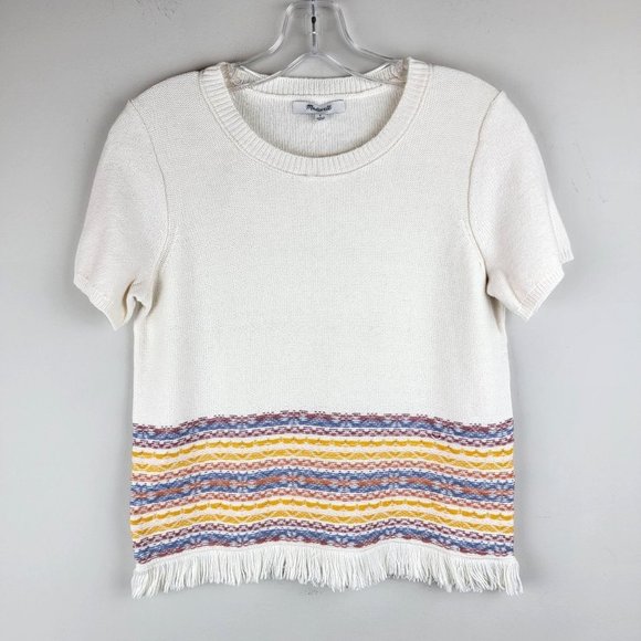 Madewell Cotton Blend Colorful V Neck Short Sleeve Fringe Hem Cropped Top Size S - Picture 1 of 9